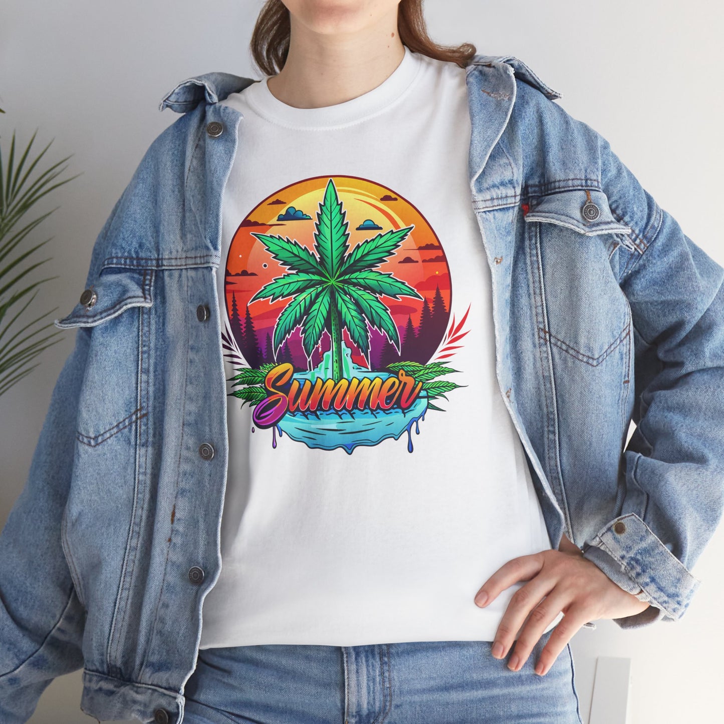 Summer Cannabis Leaf T-Shirt – Retro Tropical Sunset Tee