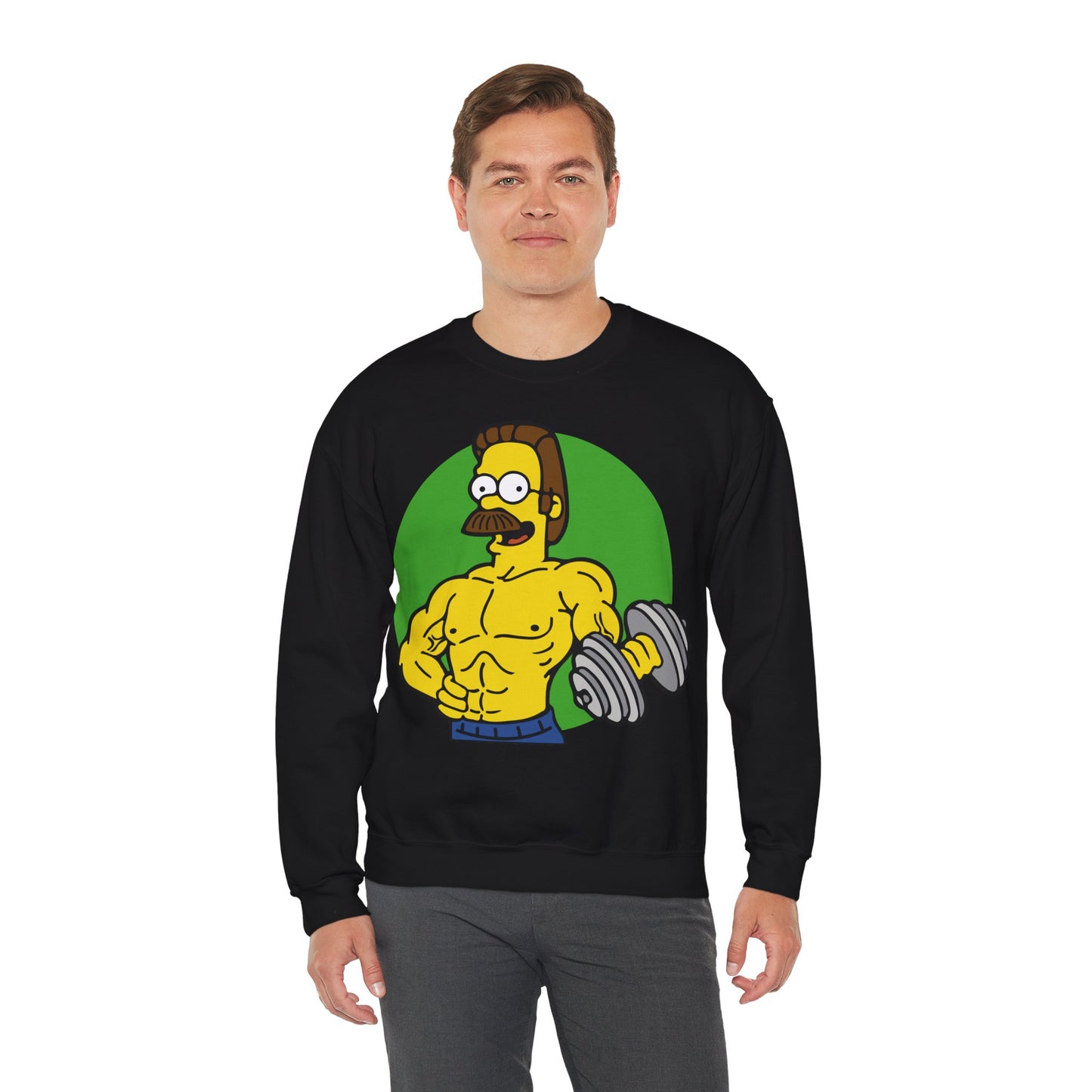 Funny Fitness Sweatshirt - Unisex Heavy Blend™ Crewneck with Cartoon Weightlifter Design