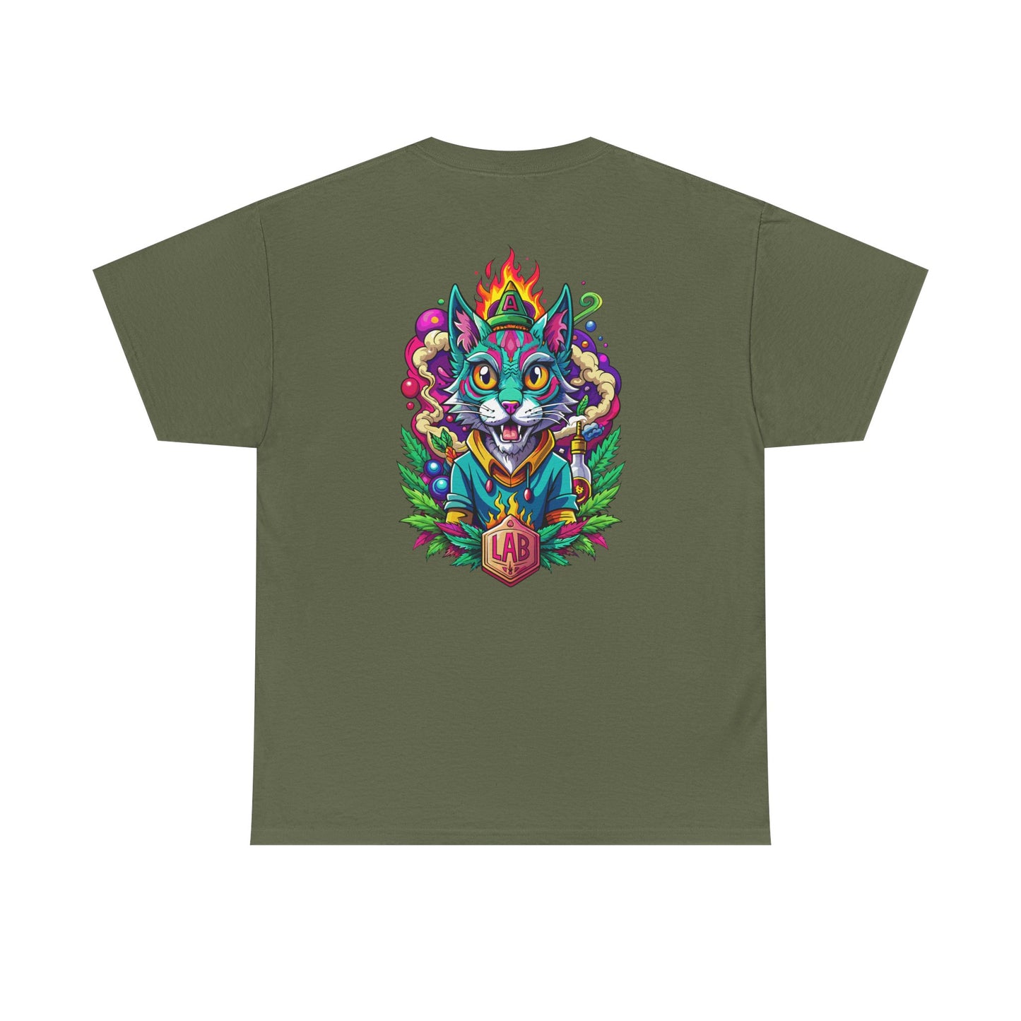 Psychedelic Flame Cat Graphic Tee — Colorful Trippy Cat Design