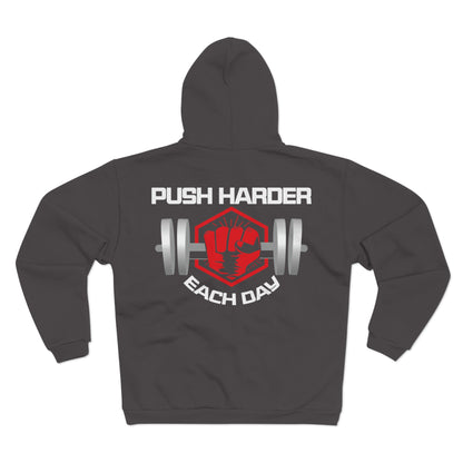 Motivational Unisex Zip Sweatshirt - 'Push Harder Each Day' Fitness Hoodie