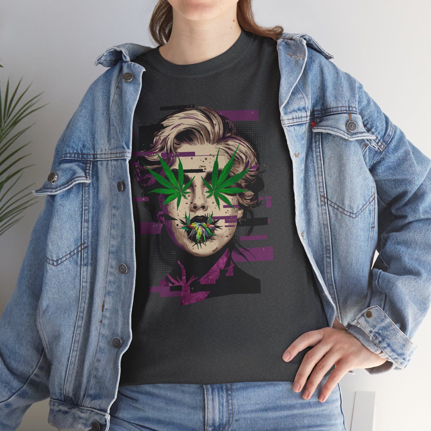 Vintage Portrait Tee — Glitch Art Face with Cannabis Leaf Mask
