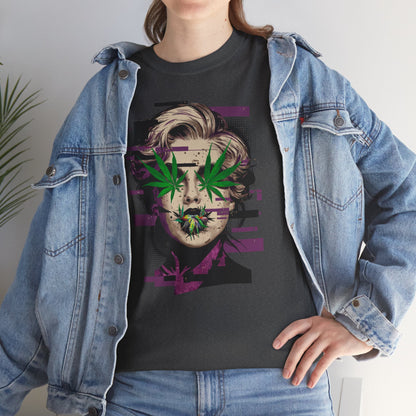 Vintage Portrait Tee — Glitch Art Face with Cannabis Leaf Mask
