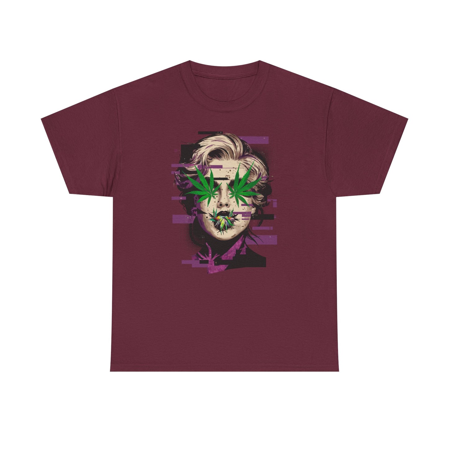 Vintage Portrait Tee — Glitch Art Face with Cannabis Leaf Mask