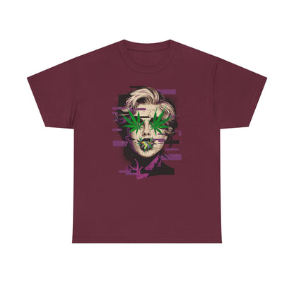 Vintage Portrait Tee — Glitch Art Face with Cannabis Leaf Mask
