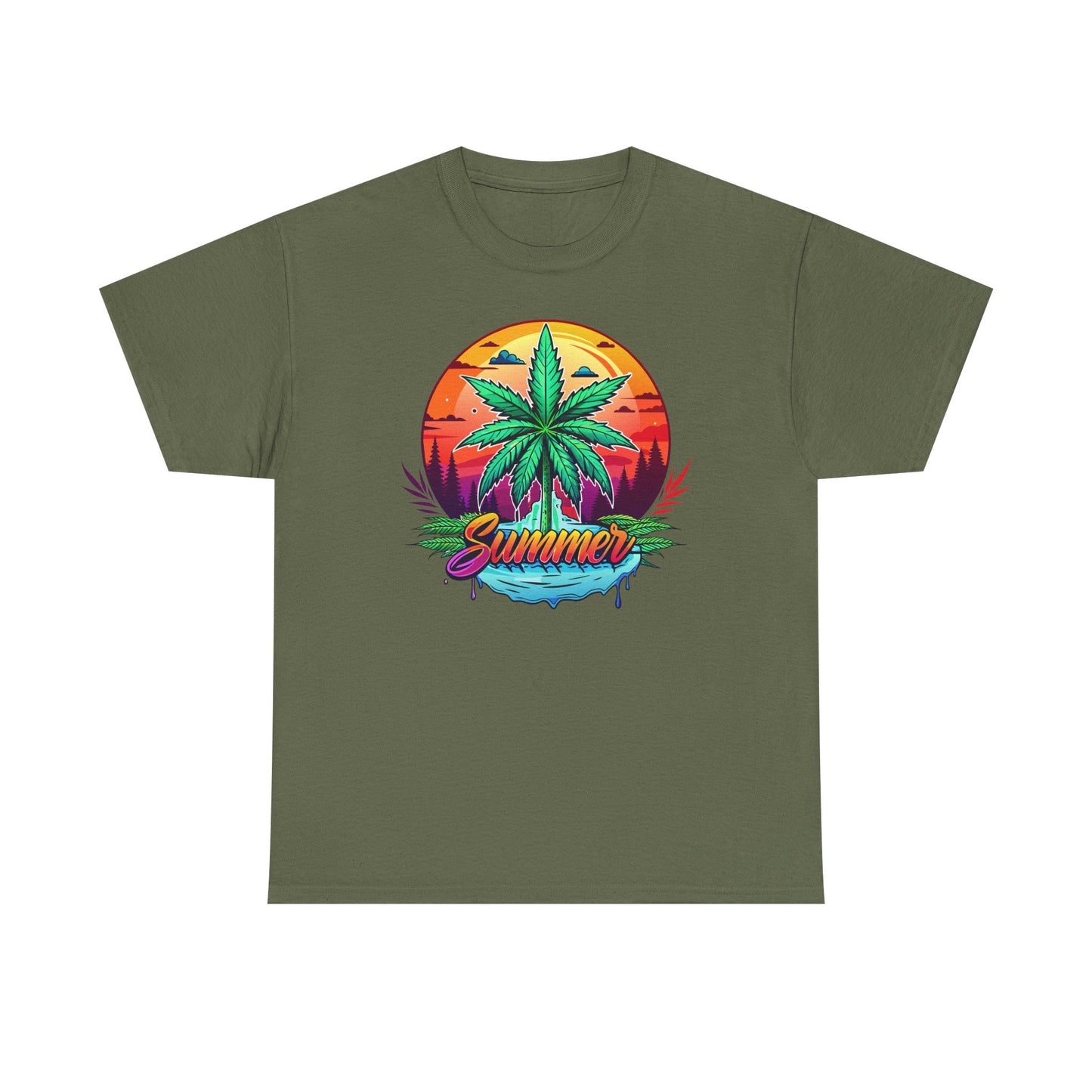 Summer Cannabis Leaf T-Shirt – Retro Tropical Sunset Tee