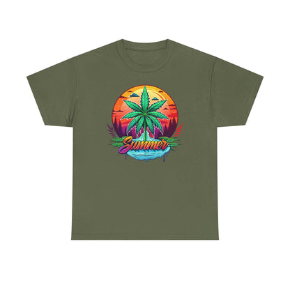 Summer Cannabis Leaf T-Shirt – Retro Tropical Sunset Tee