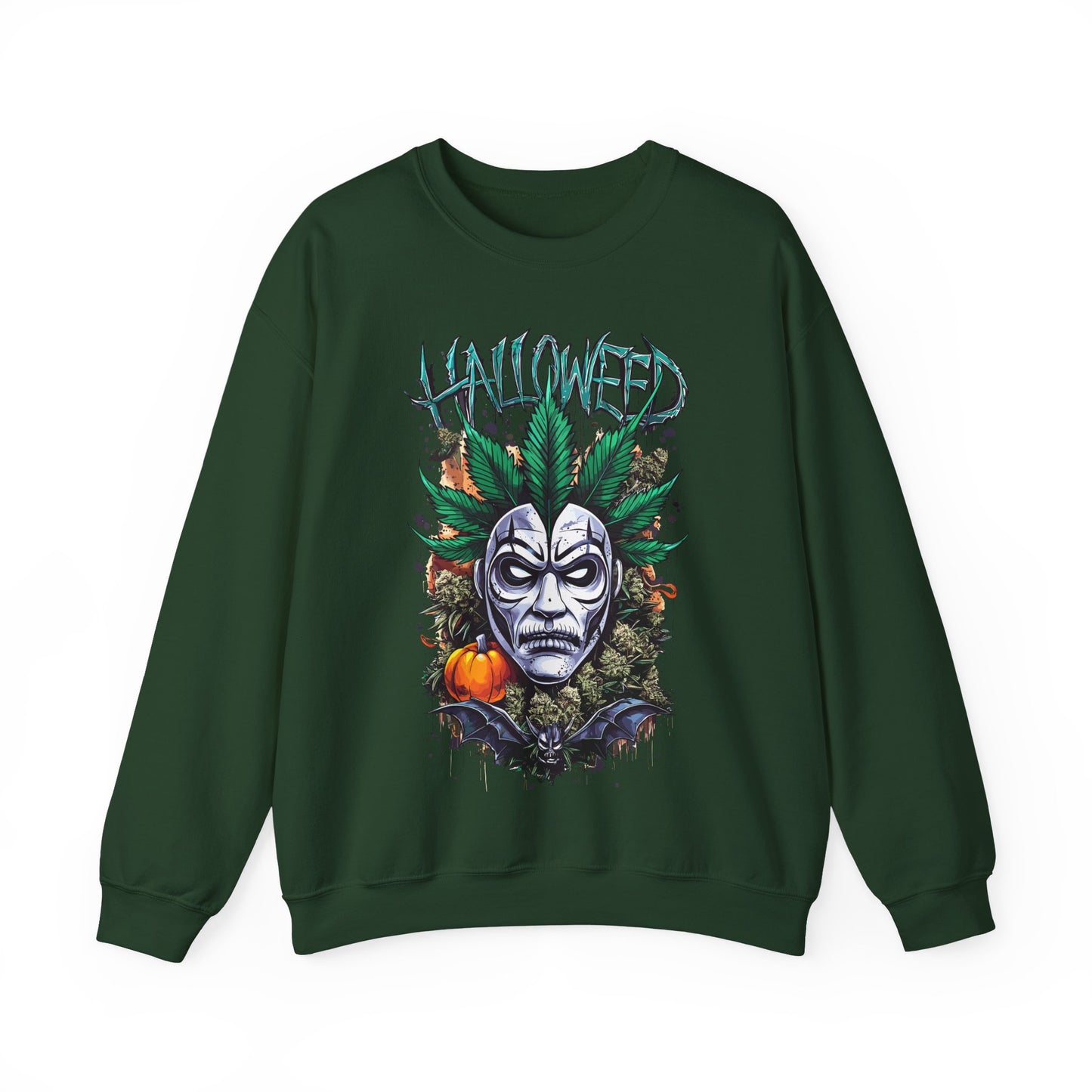 Hallowed Harvest — Halloween Mask & Pumpkin Graphic Sweatshirt