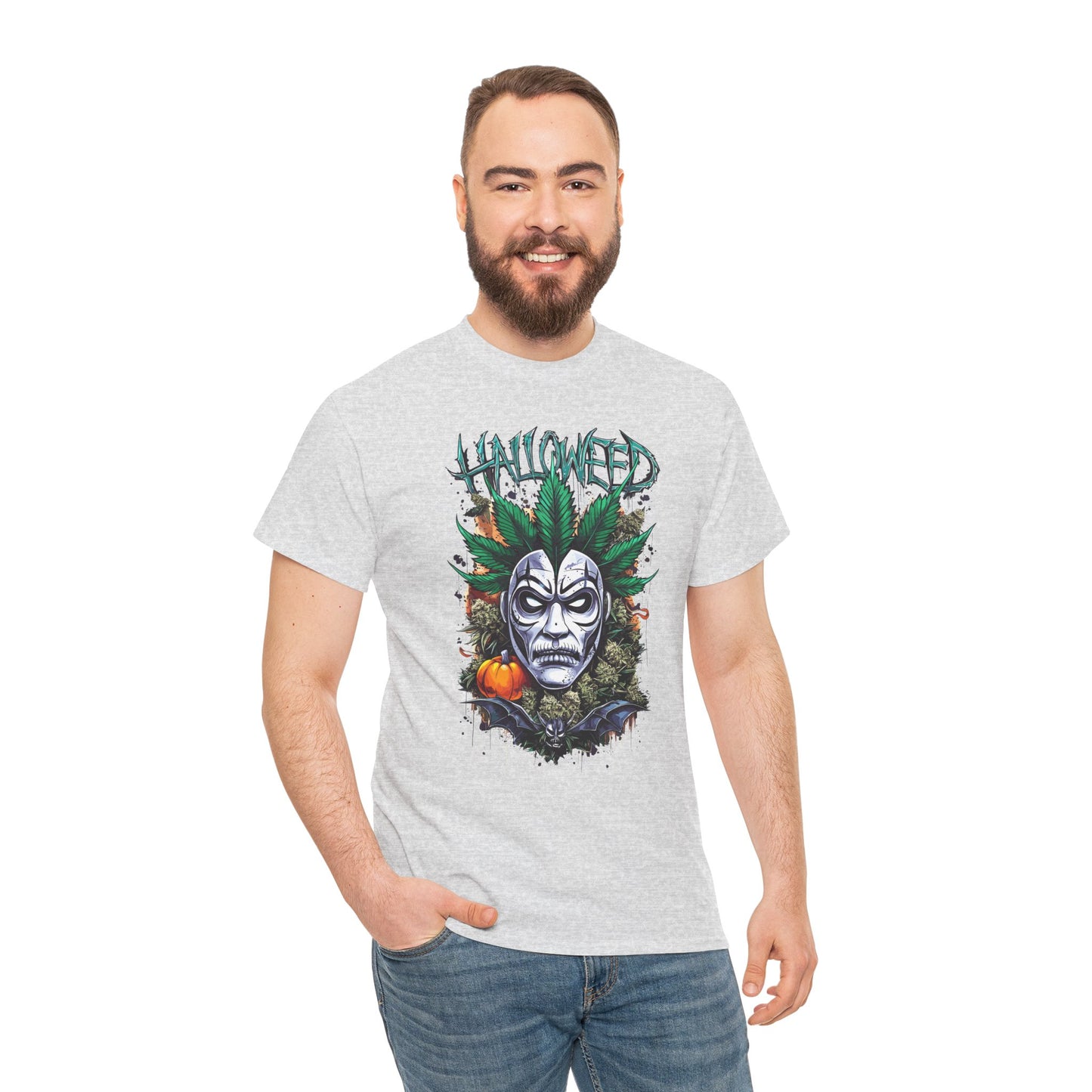 Hallowed Harvest Tee — Halloween Mask & Pumpkin Graphic T-Shirt