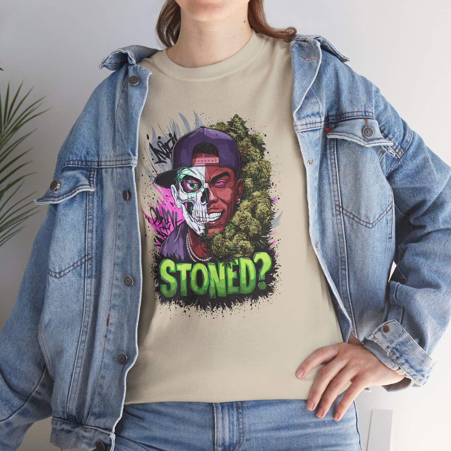 T-Shirt — 'Stoned?' Skull Face Graphic Tee for Cannabis Lovers