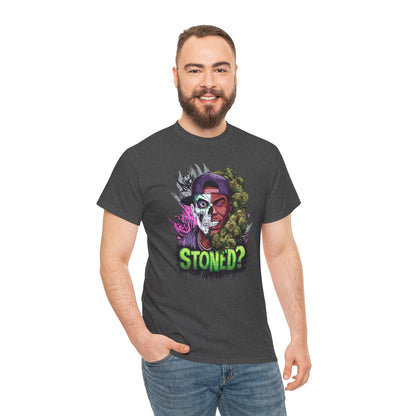 T-Shirt — 'Stoned?' Skull Face Graphic Tee for Cannabis Lovers