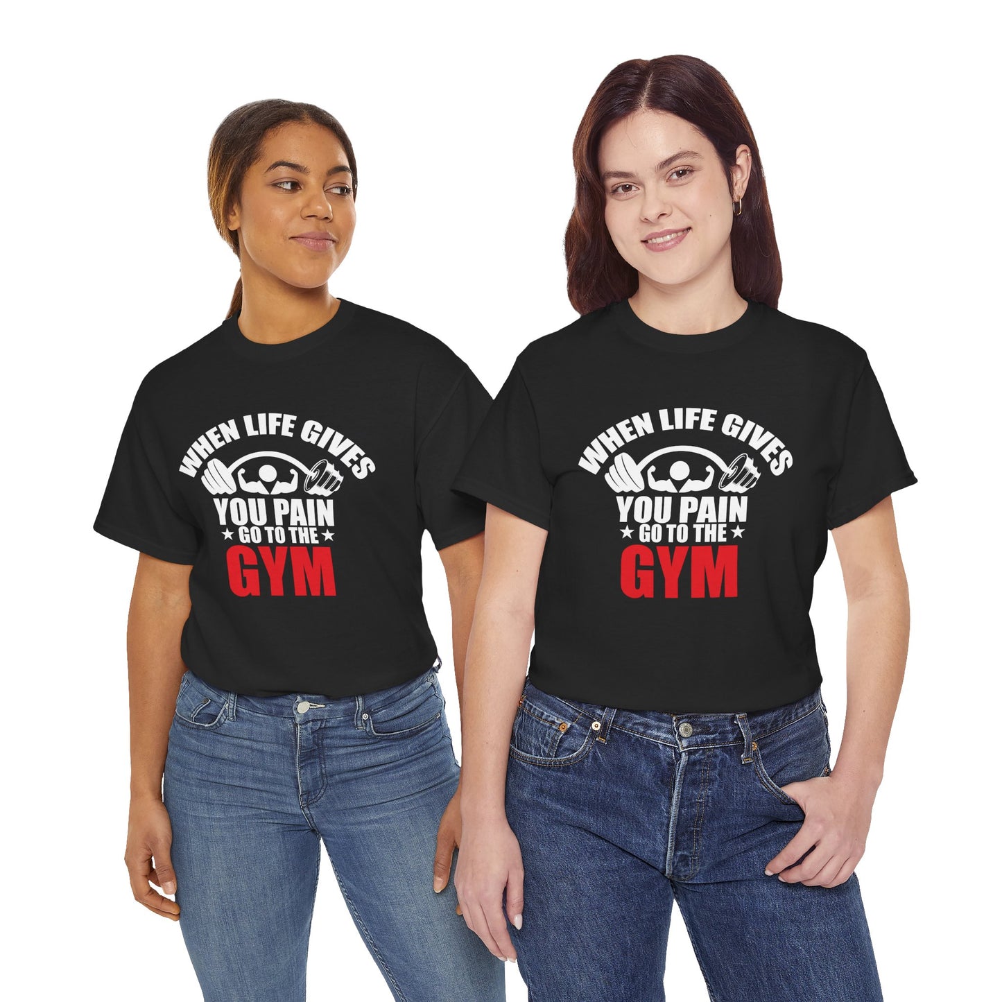 Gym Motivation Unisex Heavy Cotton Tee - "When Life Gives You Pain, Go to the Gym"