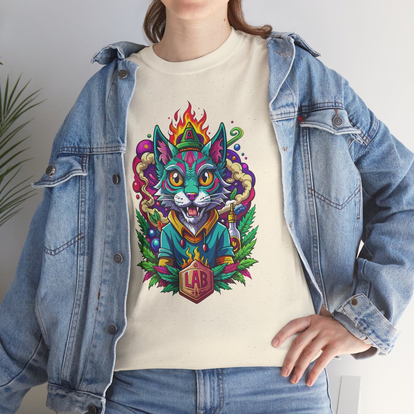 Psychedelic Flame Cat Graphic Tee — Colorful Trippy Cat Design