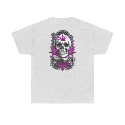 Skull & Purple Cannabis Leaf Tee - "High Times" Graphic T-Shirt Both
