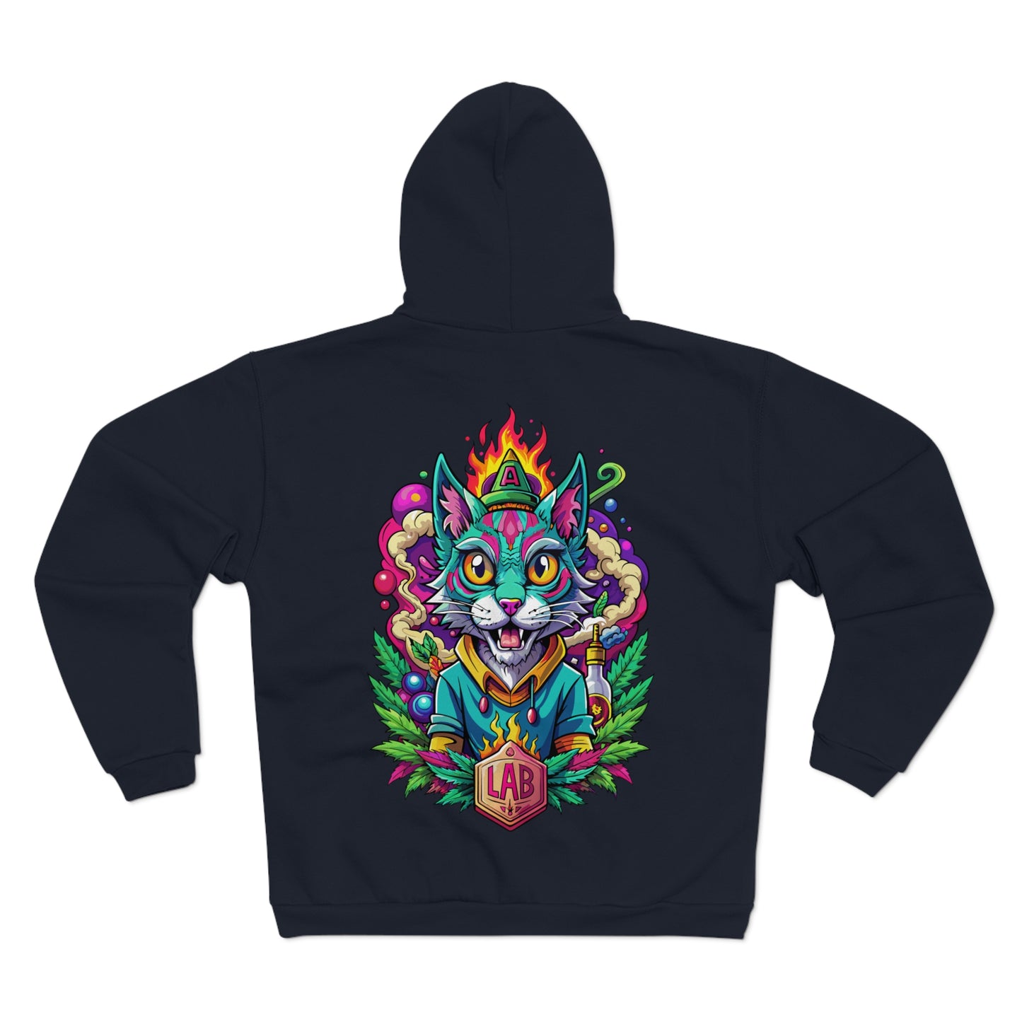 Psychedelic Flame Cat Graphic Zip Hoodie — Colorful Trippy Cat Design