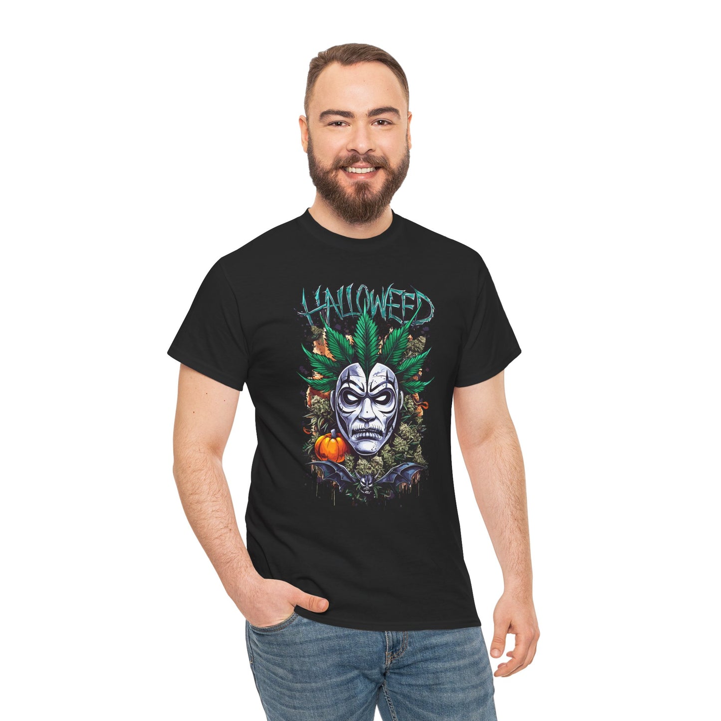 Hallowed Harvest Tee — Halloween Mask & Pumpkin Graphic T-Shirt