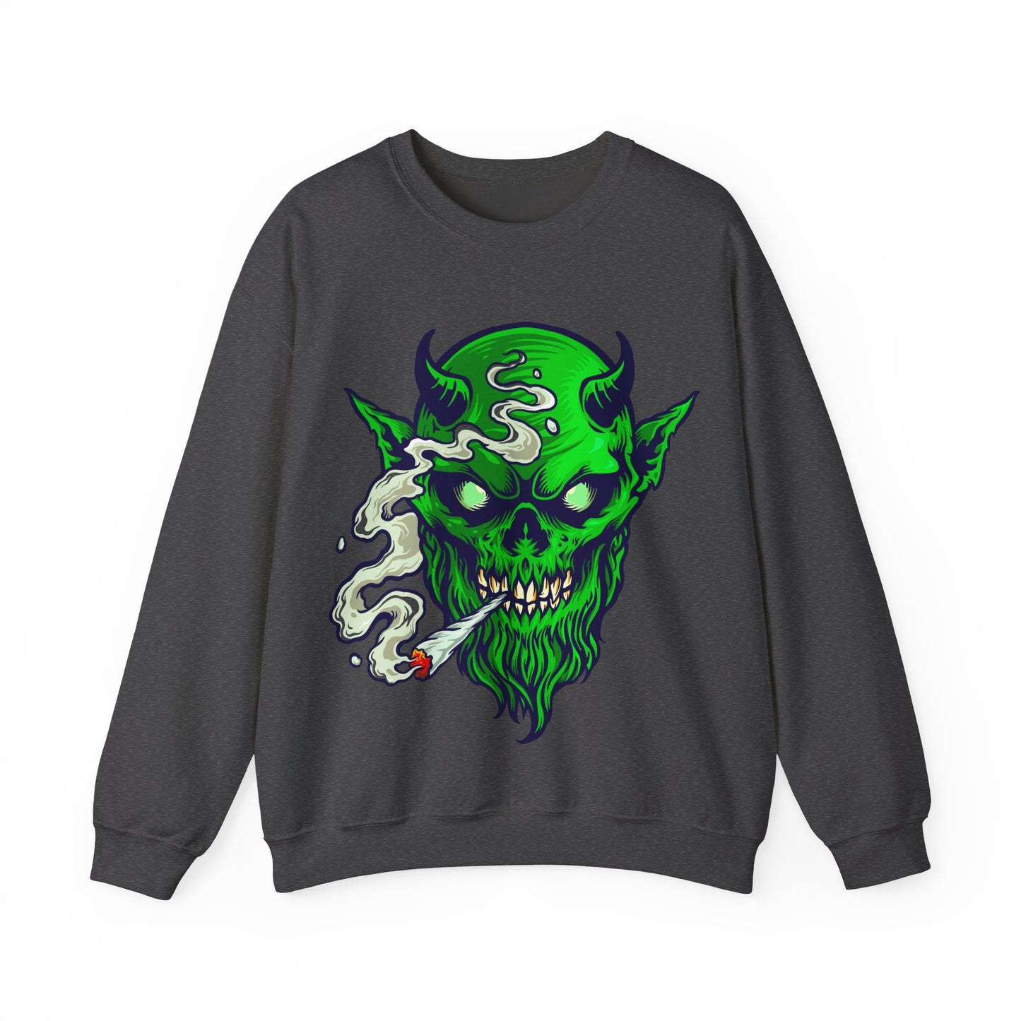 Smoking Green Demon Skull Sweatshirt — Creepy Stoner Graphic
