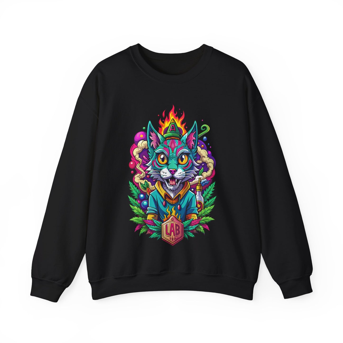 Psychedelic Flame Cat Graphic Sweatshirt — Colorful Trippy Cat Design