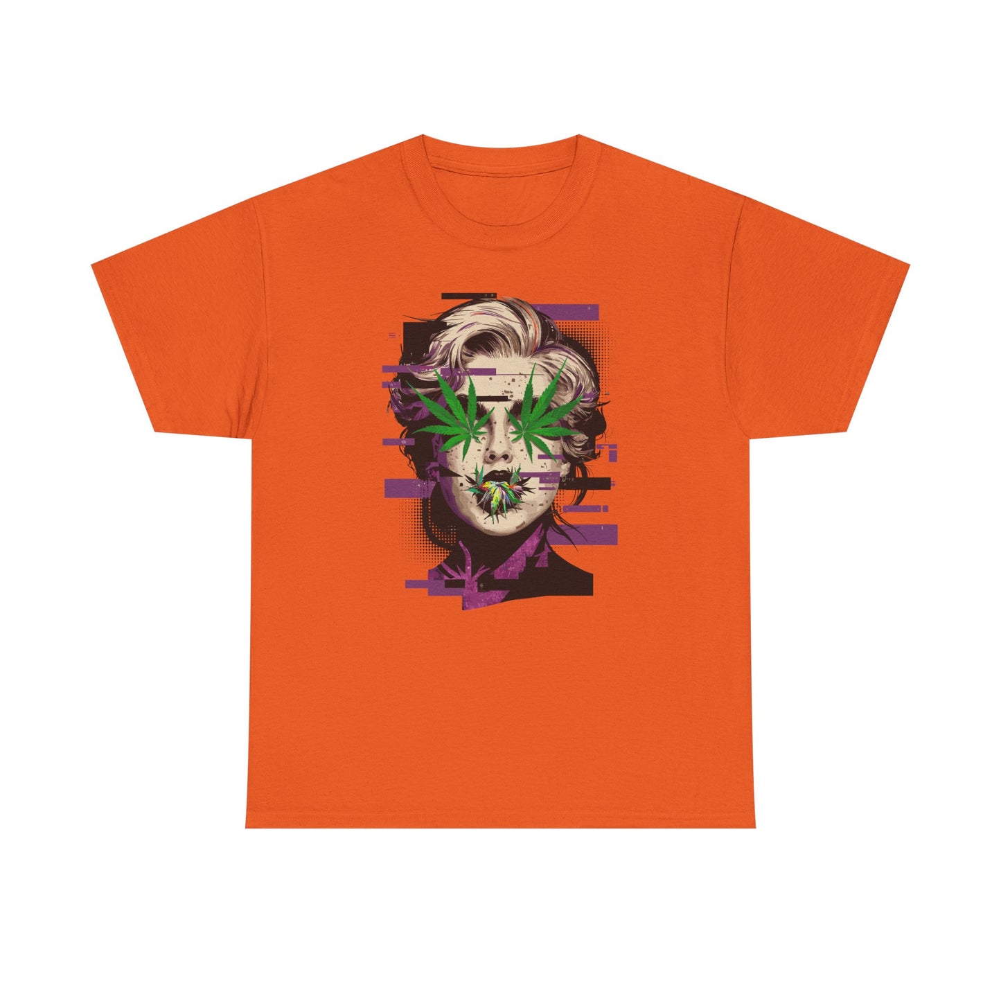 Vintage Portrait Tee — Glitch Art Face with Cannabis Leaf Mask