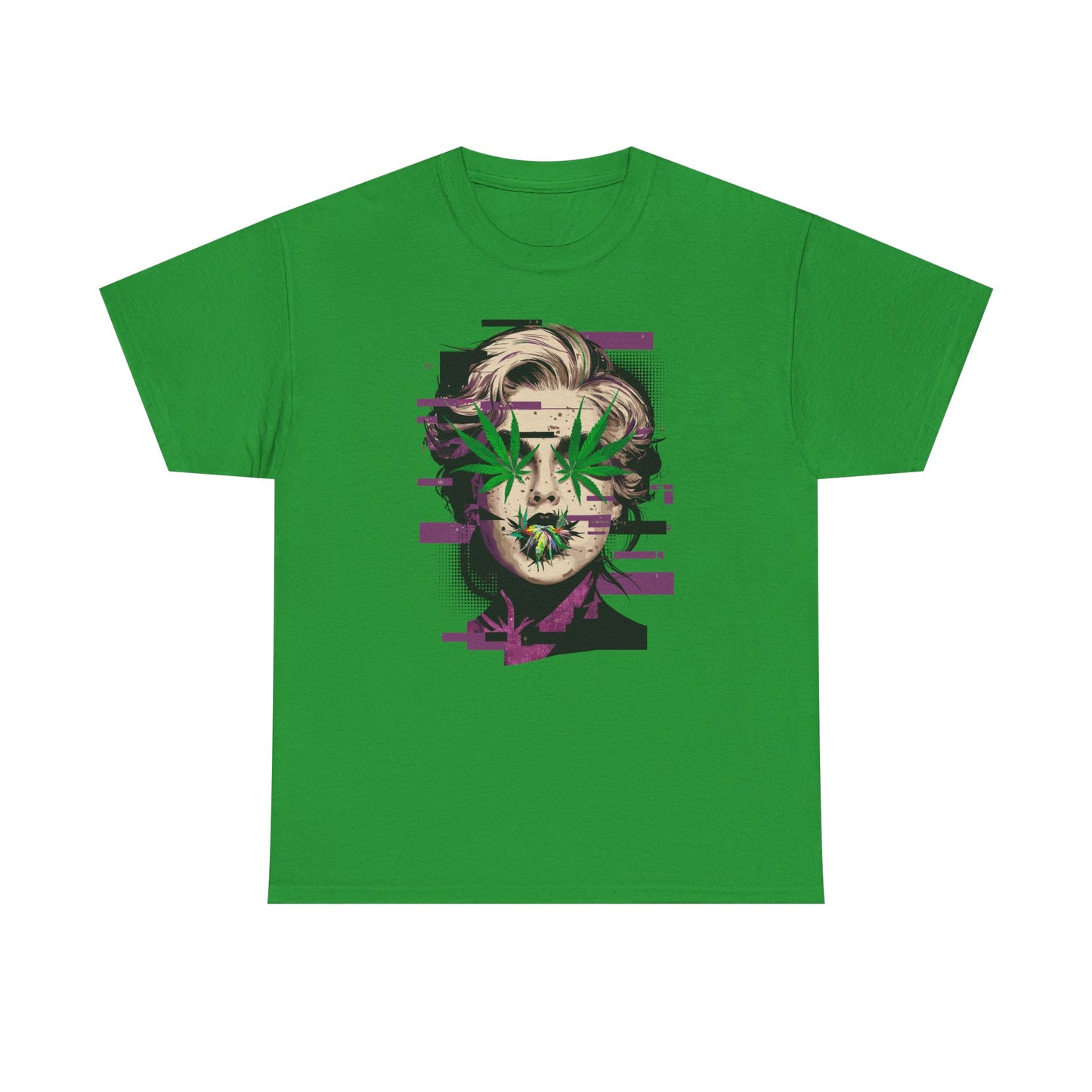 Vintage Portrait Tee — Glitch Art Face with Cannabis Leaf Mask