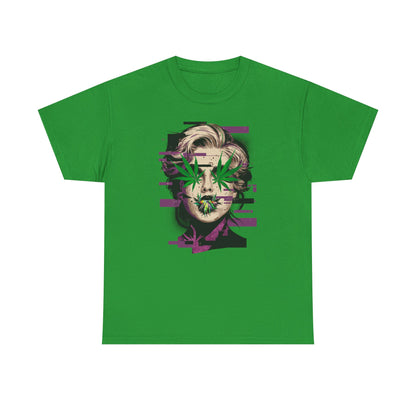 Vintage Portrait Tee — Glitch Art Face with Cannabis Leaf Mask