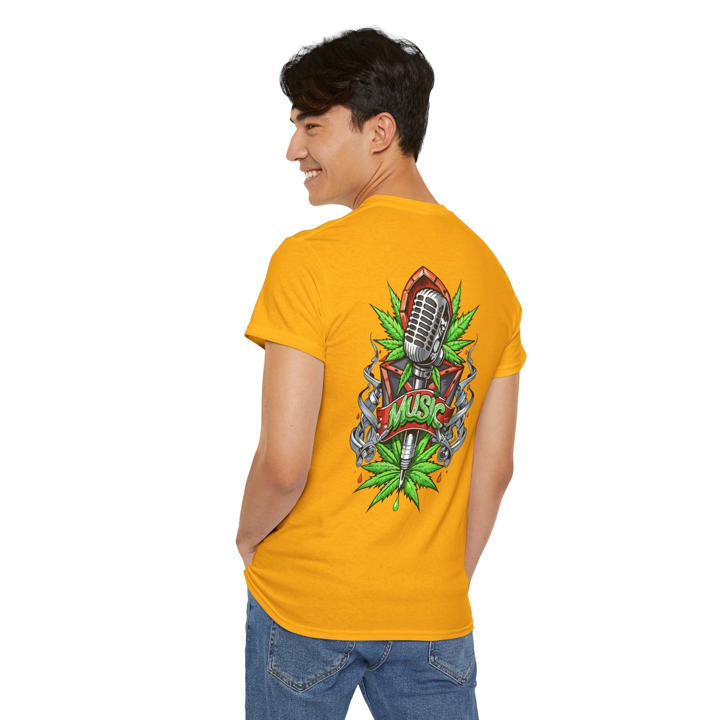 Music Microphone Tee — Retro Mic & Leaf Graphic T-Shirt
