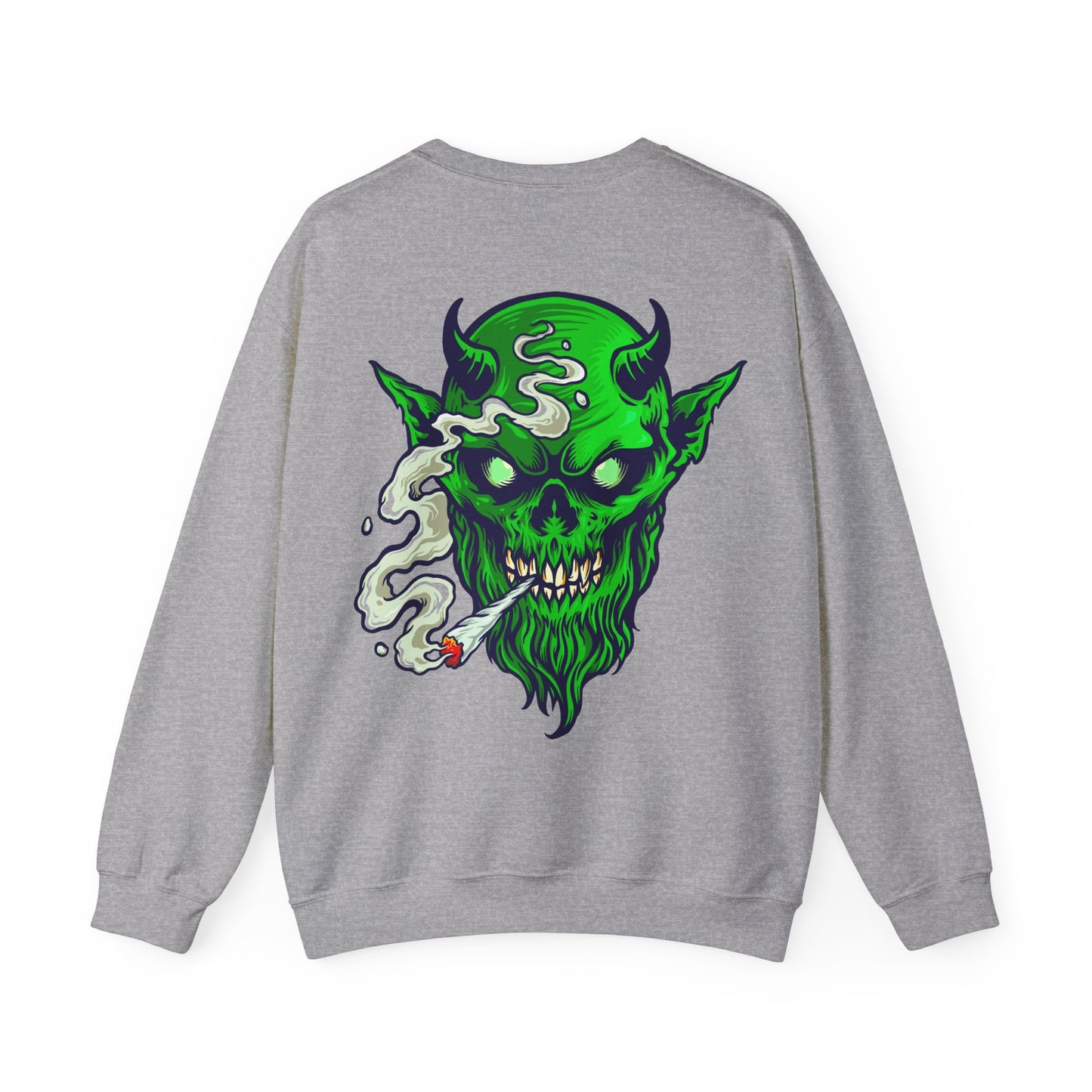 Smoking Green Demon Skull Sweatshirt — Creepy Stoner Graphic