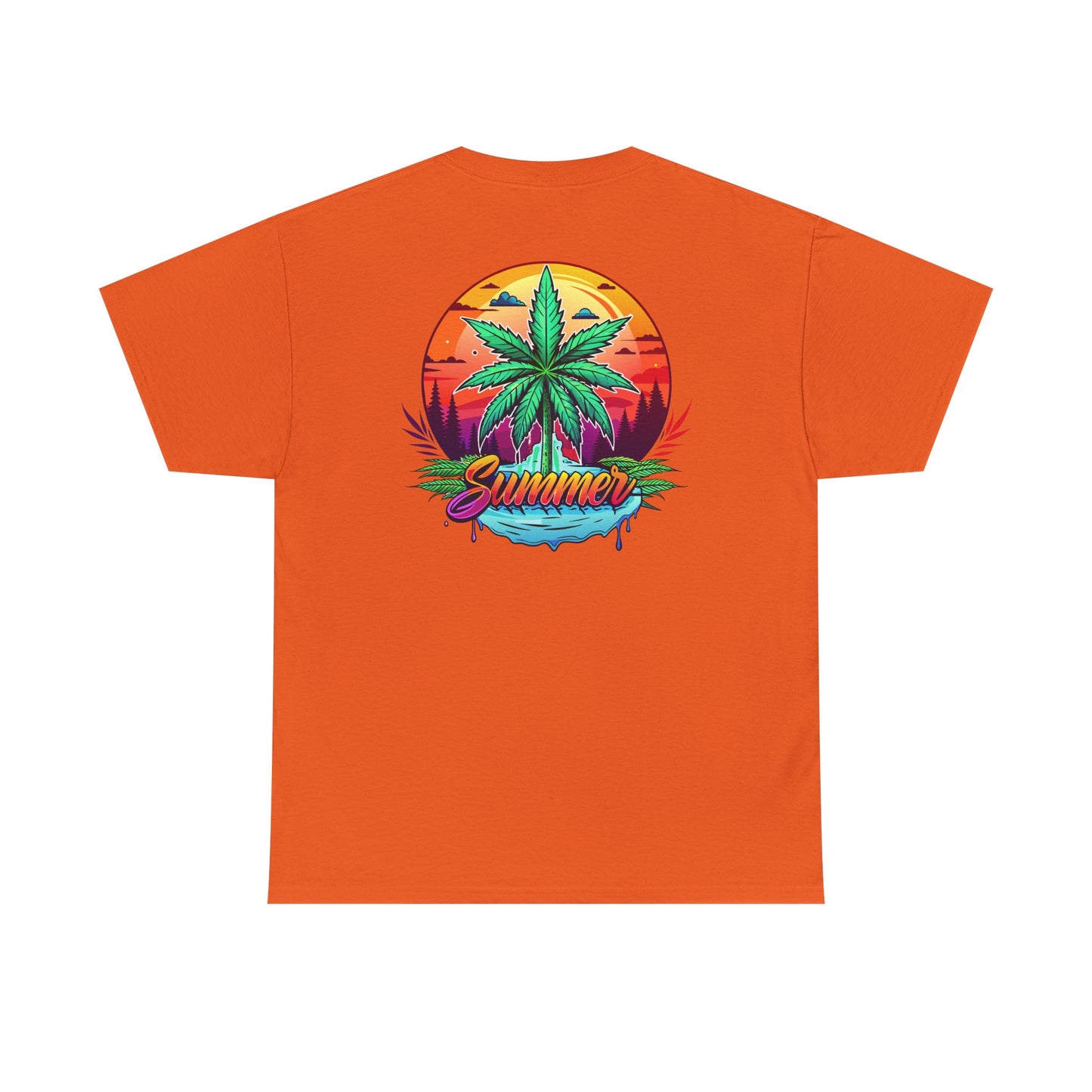 Summer Cannabis Leaf T-Shirt – Retro Tropical Sunset Tee Both