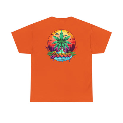 Summer Cannabis Leaf T-Shirt – Retro Tropical Sunset Tee Both