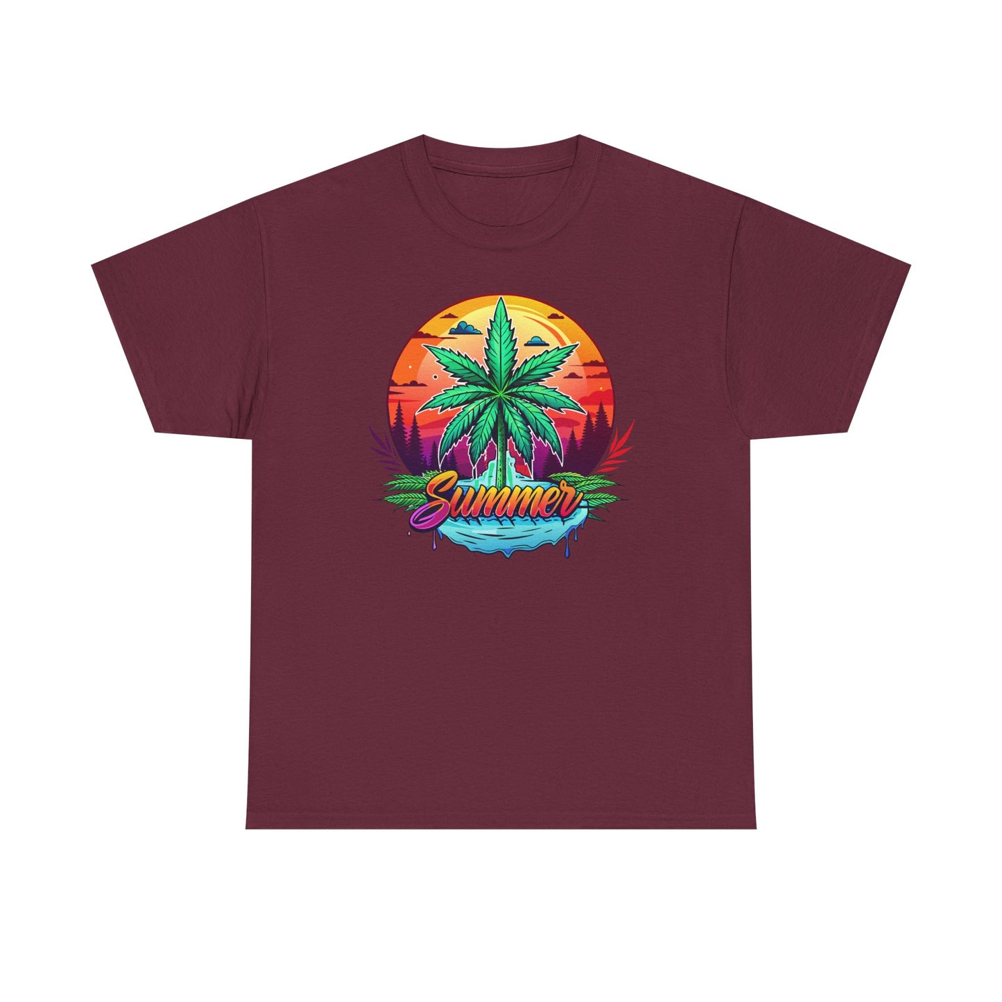 Summer Cannabis Leaf T-Shirt – Retro Tropical Sunset Tee