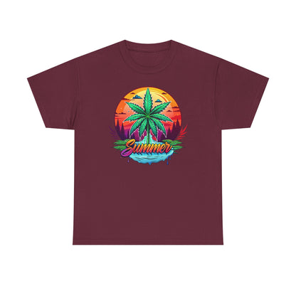 Summer Cannabis Leaf T-Shirt – Retro Tropical Sunset Tee