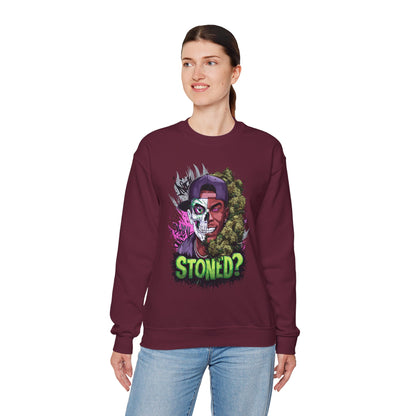 Sweatshirt— 'Stoned?' Skull Face Graphic for Cannabis Lovers