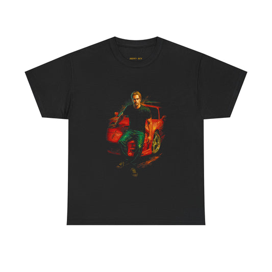 Vintage Action Movie Tee — Hero with Red Car Graphic