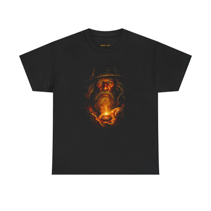 Gandalf Flame Portrait T-Shirt — Wizard Holding Fire Graphic Tee