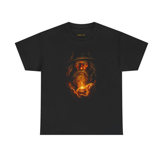 Gandalf Flame Portrait T-Shirt — Wizard Holding Fire Graphic Tee