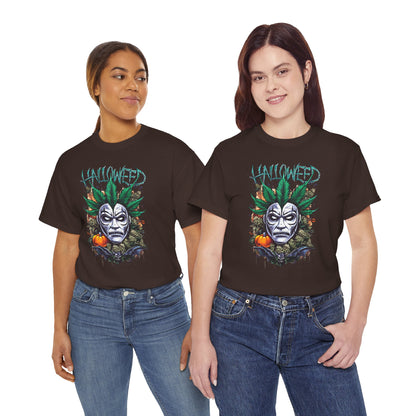 Hallowed Harvest Tee — Halloween Mask & Pumpkin Graphic T-Shirt
