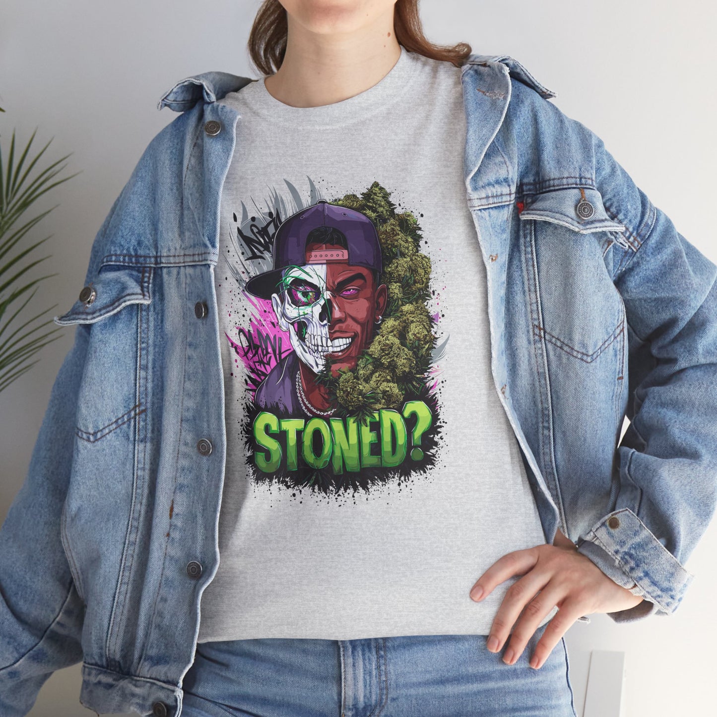 T-Shirt — 'Stoned?' Skull Face Graphic Tee for Cannabis Lovers