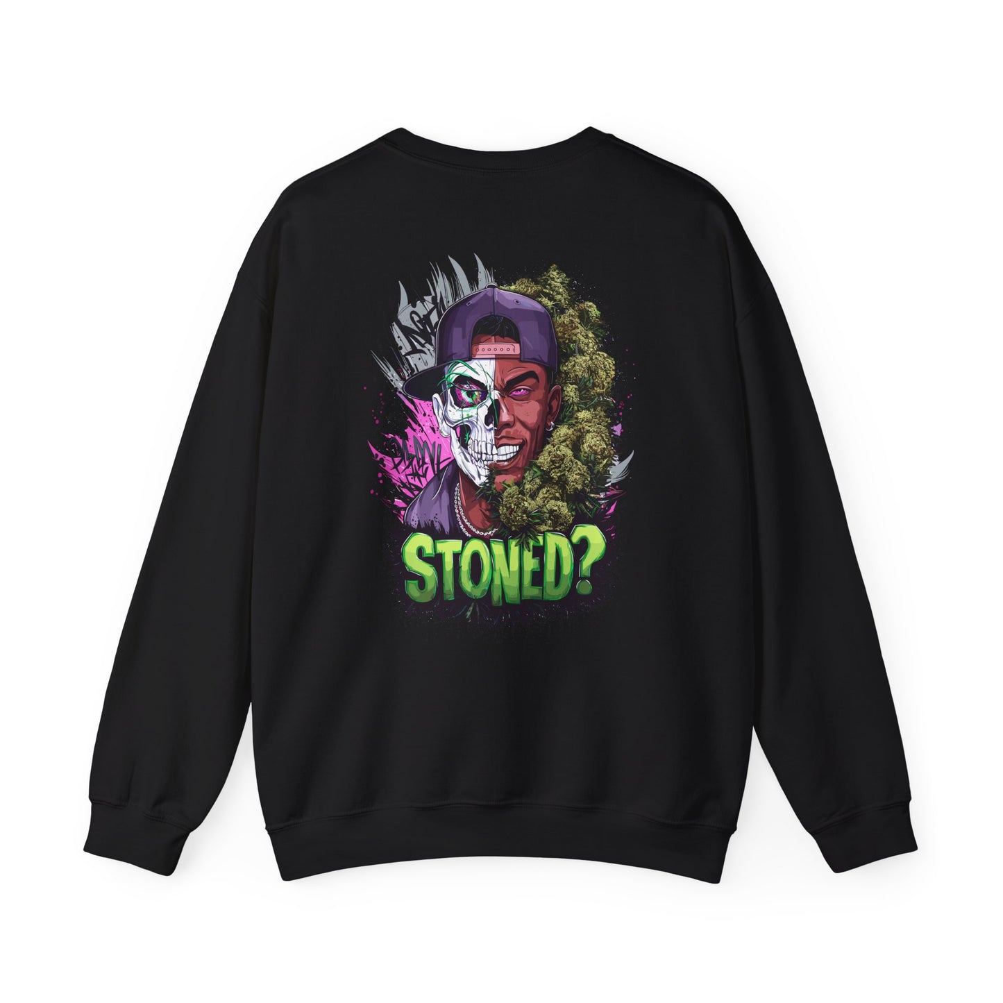 Sweatshirt— 'Stoned?' Skull Face Graphic for Cannabis Lovers