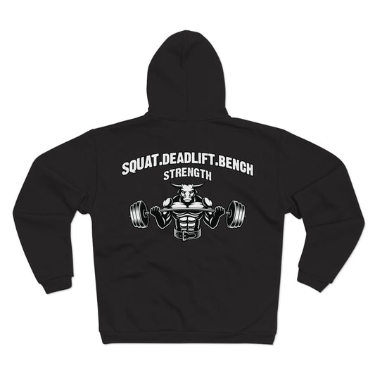Strength Training Unisex Hooded Zip Sweatshirt - Squat, Deadlift, Bench Design