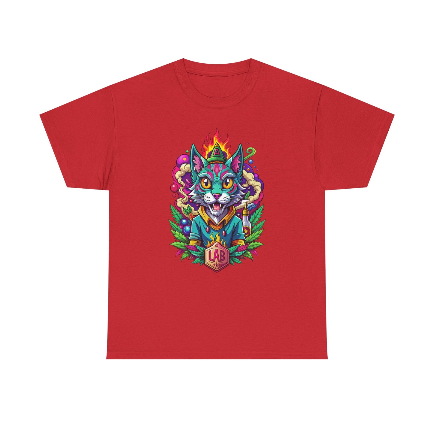Psychedelic Flame Cat Graphic Tee — Colorful Trippy Cat Design