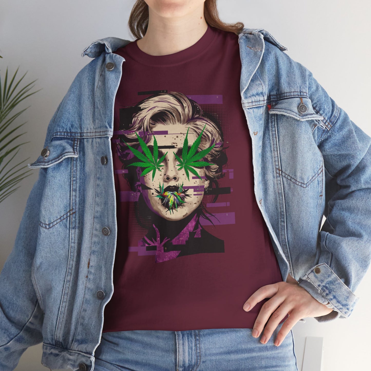 Vintage Portrait Tee — Glitch Art Face with Cannabis Leaf Mask