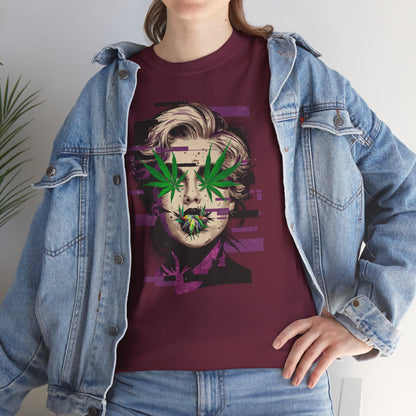 Vintage Portrait Tee — Glitch Art Face with Cannabis Leaf Mask