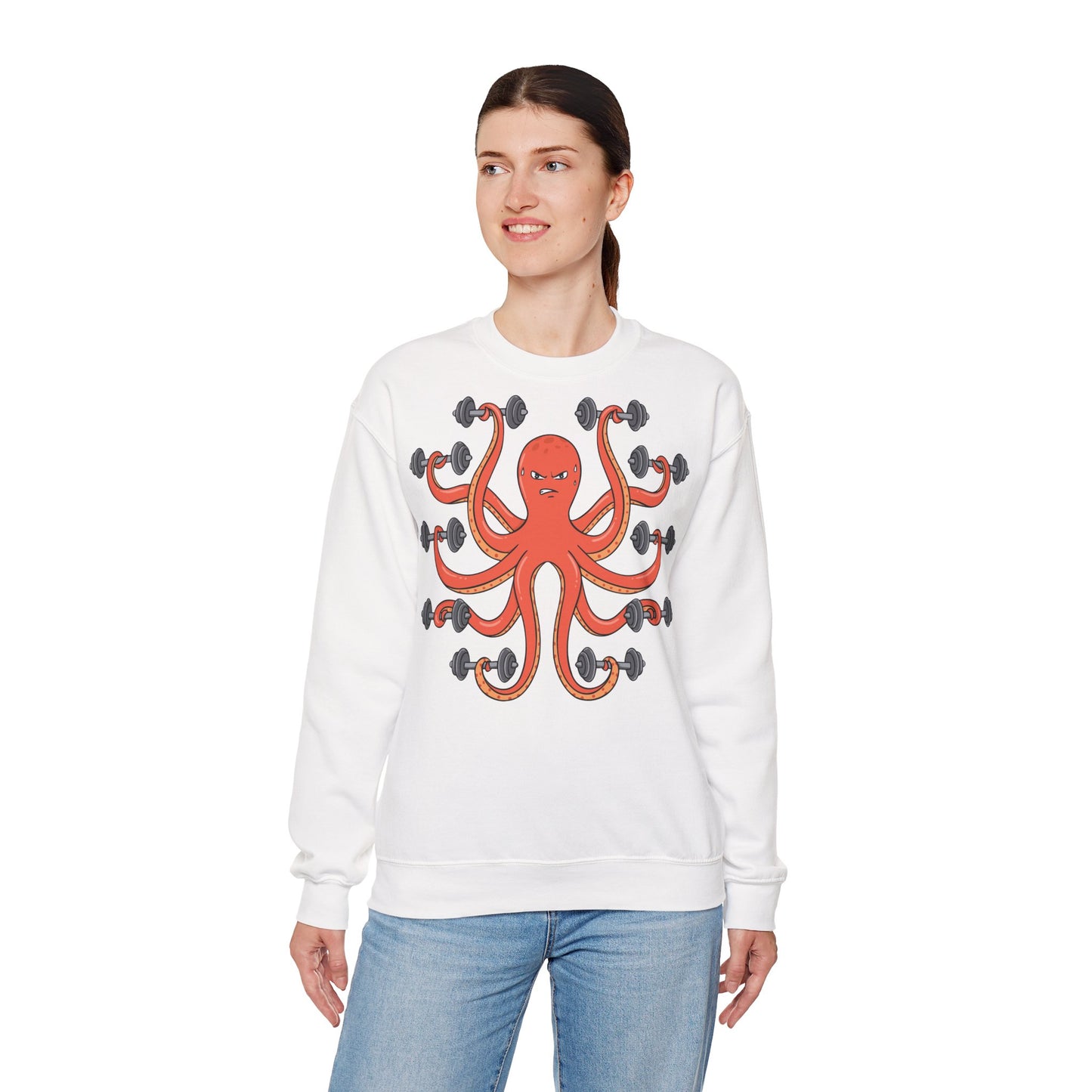 Muscle Octopus Unisex Heavy Blend™ Crewneck Sweatshirt - Fun Workout Shirt for Fitness Enthusiasts White
