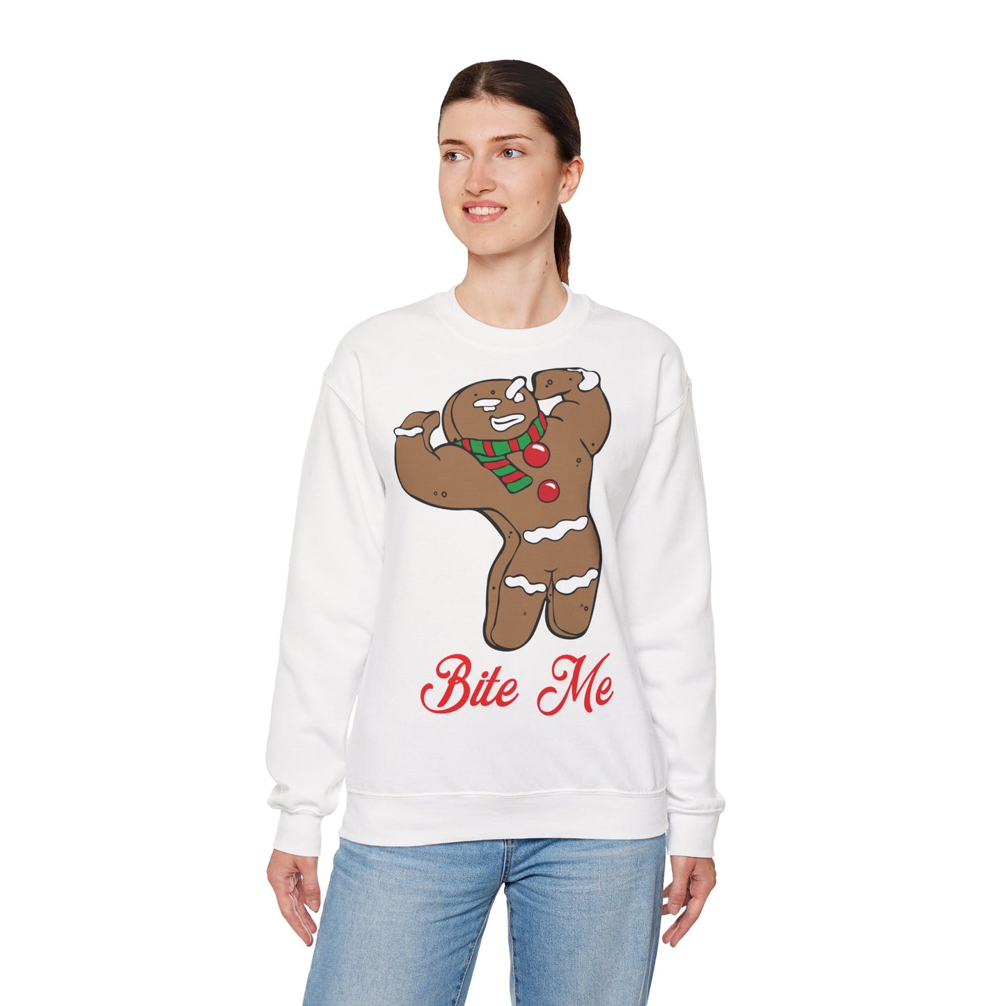 Funny Christmas Gingerbread Crewneck Sweatshirt - "Bite Me" White