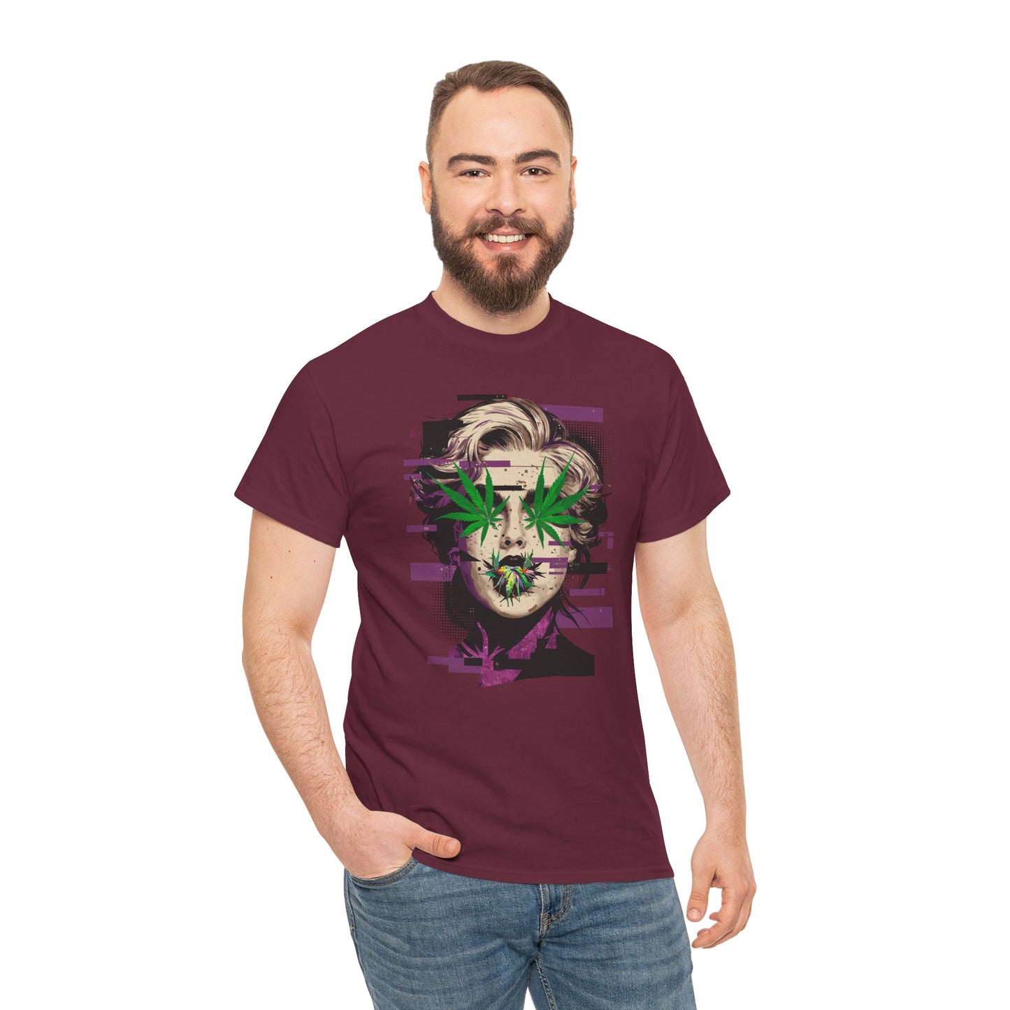 Vintage Portrait Tee — Glitch Art Face with Cannabis Leaf Mask