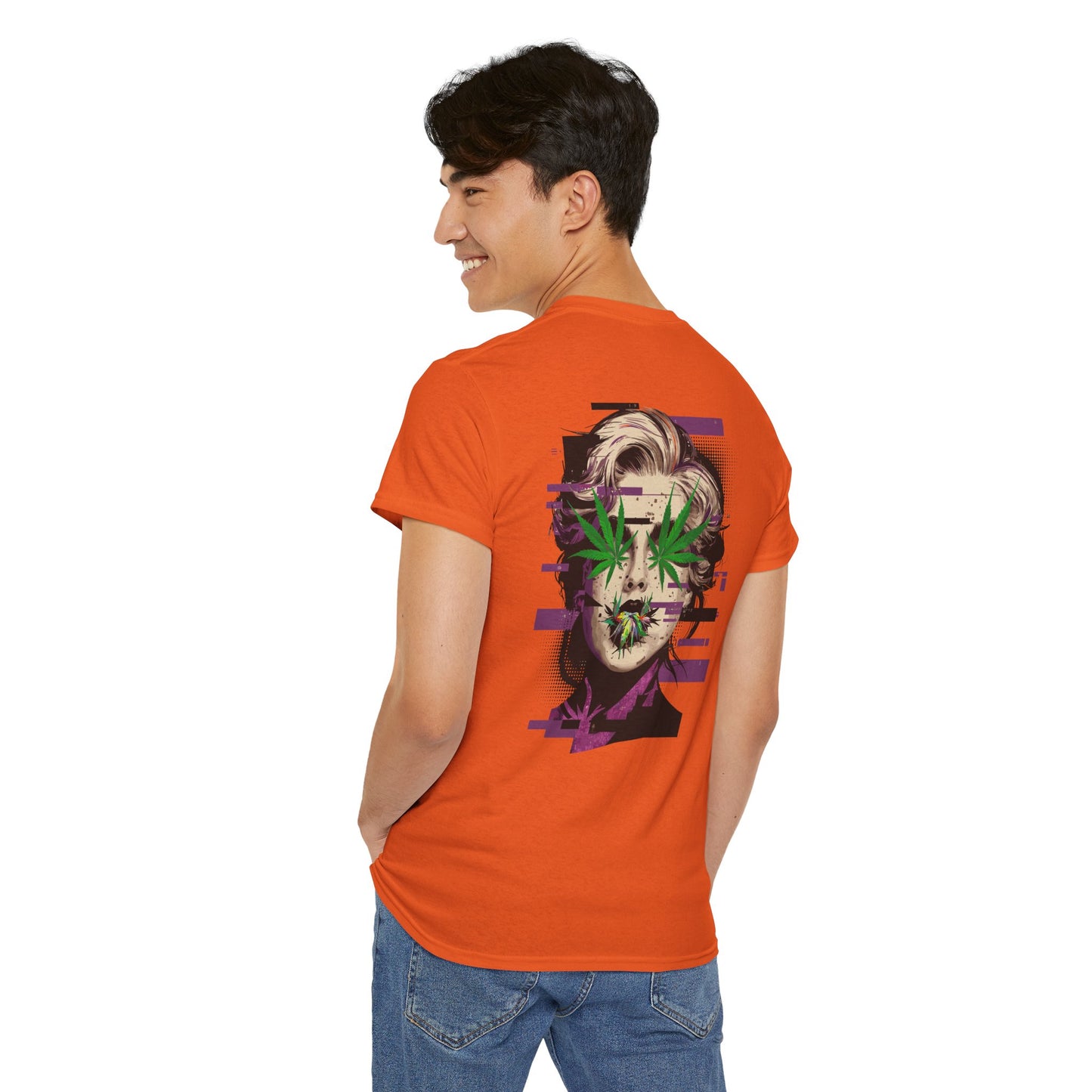Vintage Portrait Tee — Glitch Art Face with Cannabis Leaf Mask