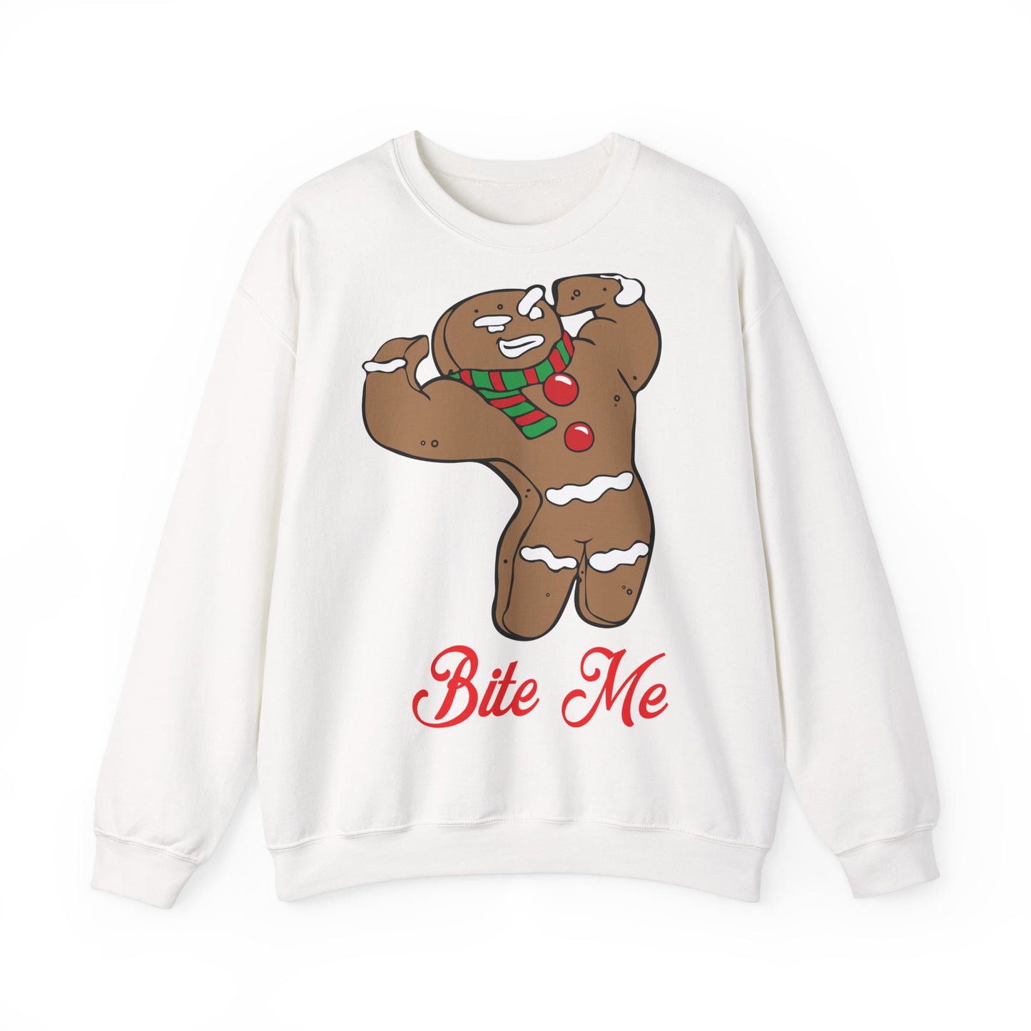 Funny Christmas Gingerbread Crewneck Sweatshirt - "Bite Me" White