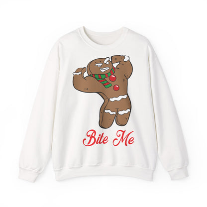Funny Christmas Gingerbread Crewneck Sweatshirt - "Bite Me" White