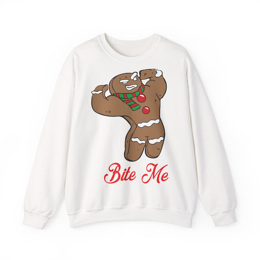Funny Christmas Gingerbread Crewneck Sweatshirt - "Bite Me" White