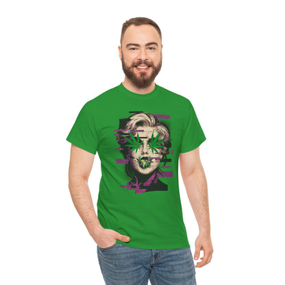Vintage Portrait Tee — Glitch Art Face with Cannabis Leaf Mask