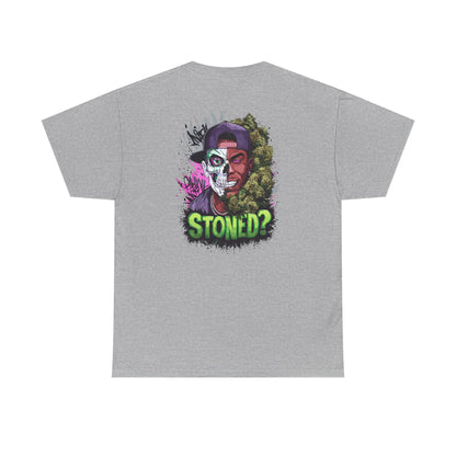 T-Shirt — 'Stoned?' Skull Face Graphic Tee for Cannabis Lovers